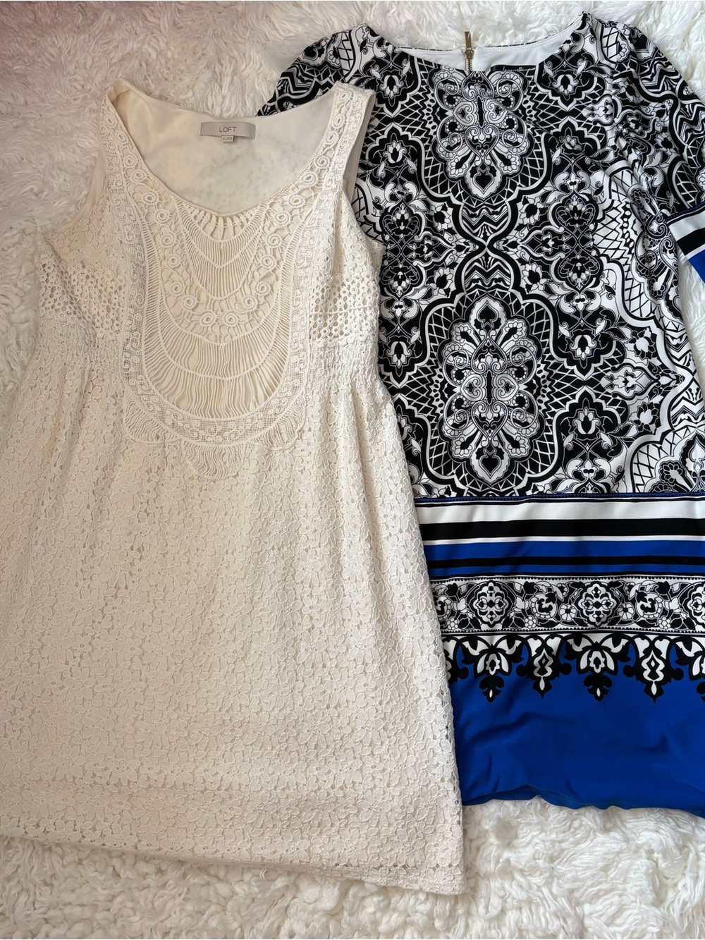 ✨ Chic Dress Duo Pack: Romantic Ivory Lace Mini & Graphic Medallion Sheath Lot